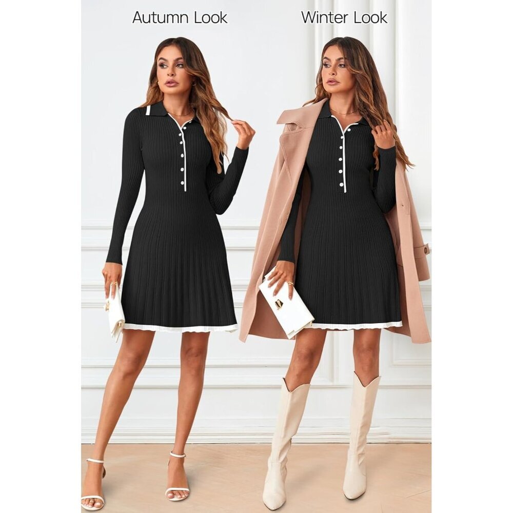 Merokeety Women's Black Long Sleeve V Neck Button Knit Pleated Sweater Dress - Picture 5 of 7